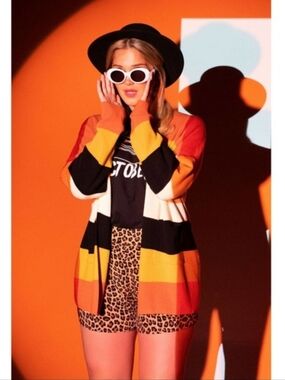 Magnolia Place Striped Open Cardigan in Orange, Yellow & Black